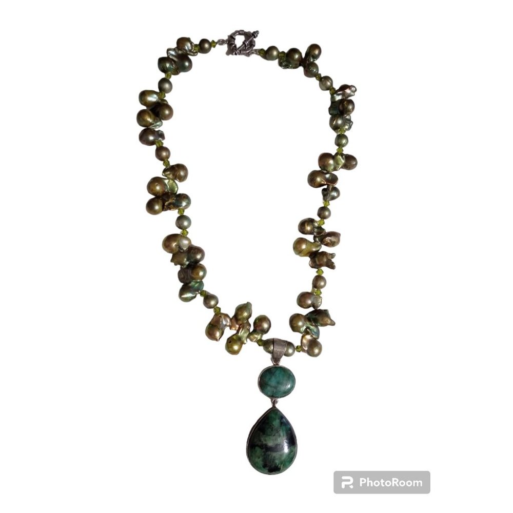 OOAK Polished Rough Emerald Pendant Olive Green Baroque Cultured Pearl Necklace